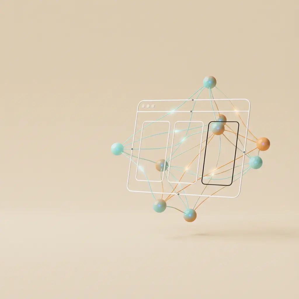 Abstract 3D illustration representing AI and modern web design, hero image for an article about AI-powered web design in Berlin