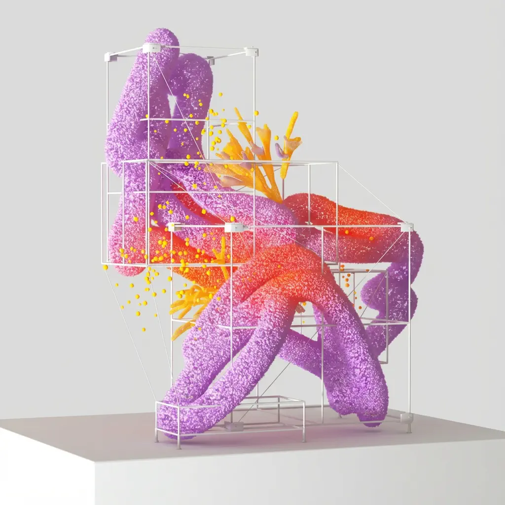 Abstract digital illustration showing AI-powered web design collaboration, featuring geometric human figure working with floating digital elements, representing client partnership in Berlin tech industry