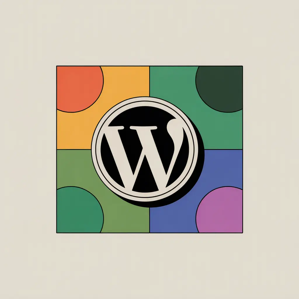 WordPress logo on vibrant gradient background with blue, green, and orange colors, representing modern web development platform for Berlin businesses combining traditional CMS with AI innovation